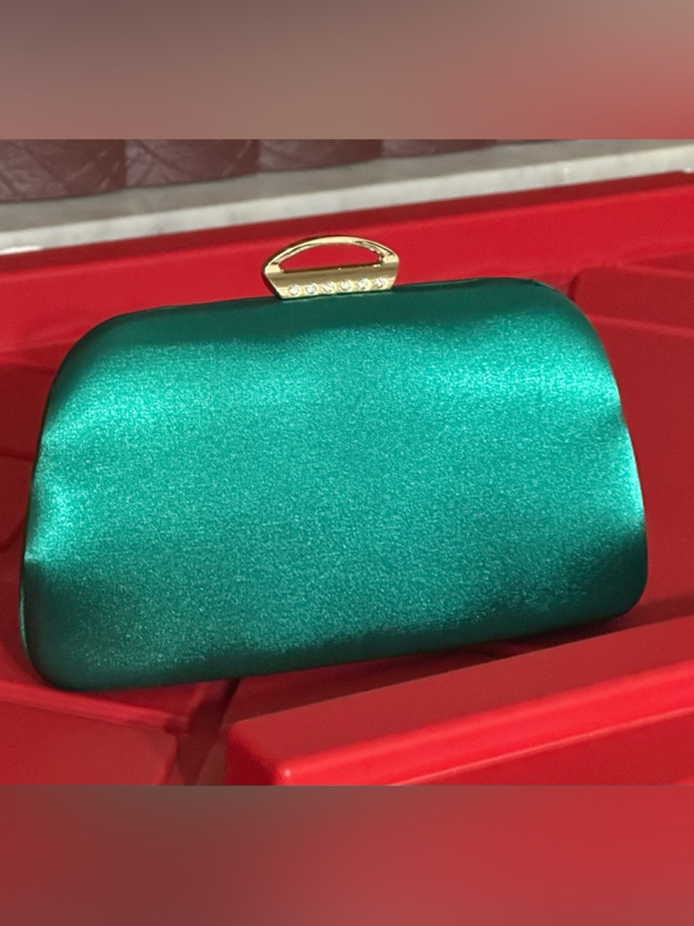 Emerald Green Satin clutch and Chain Strap  Necklace Purse